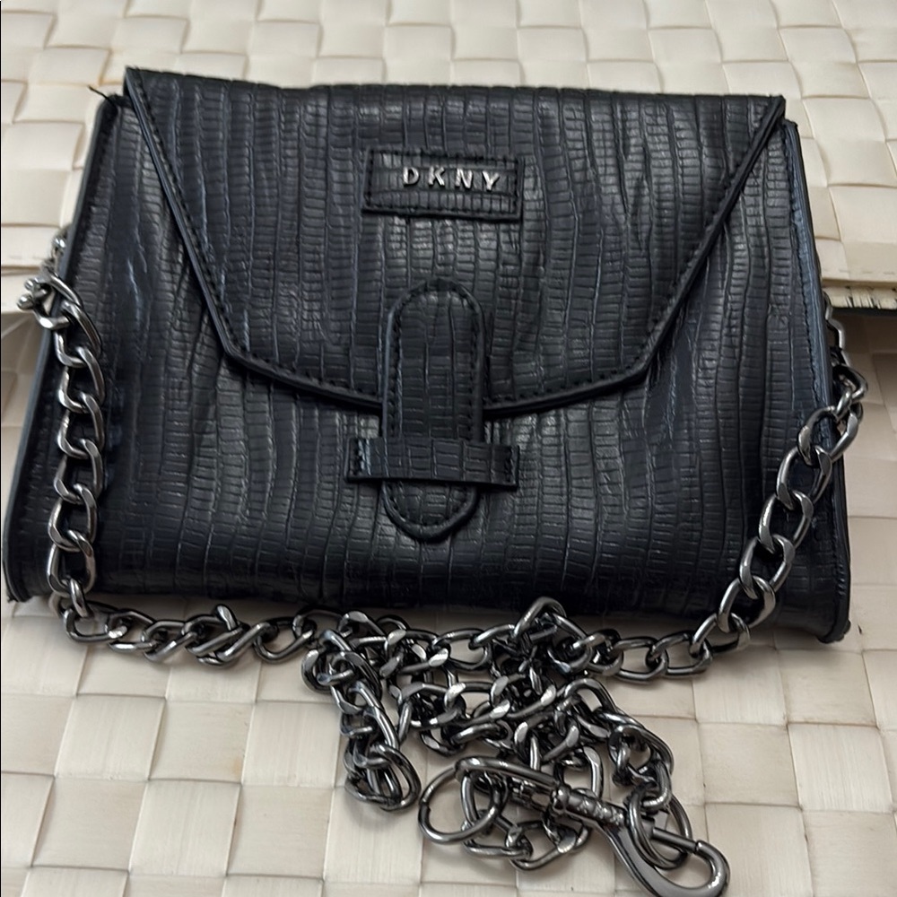DKNY Black Quilted Clutch with Chain Strap